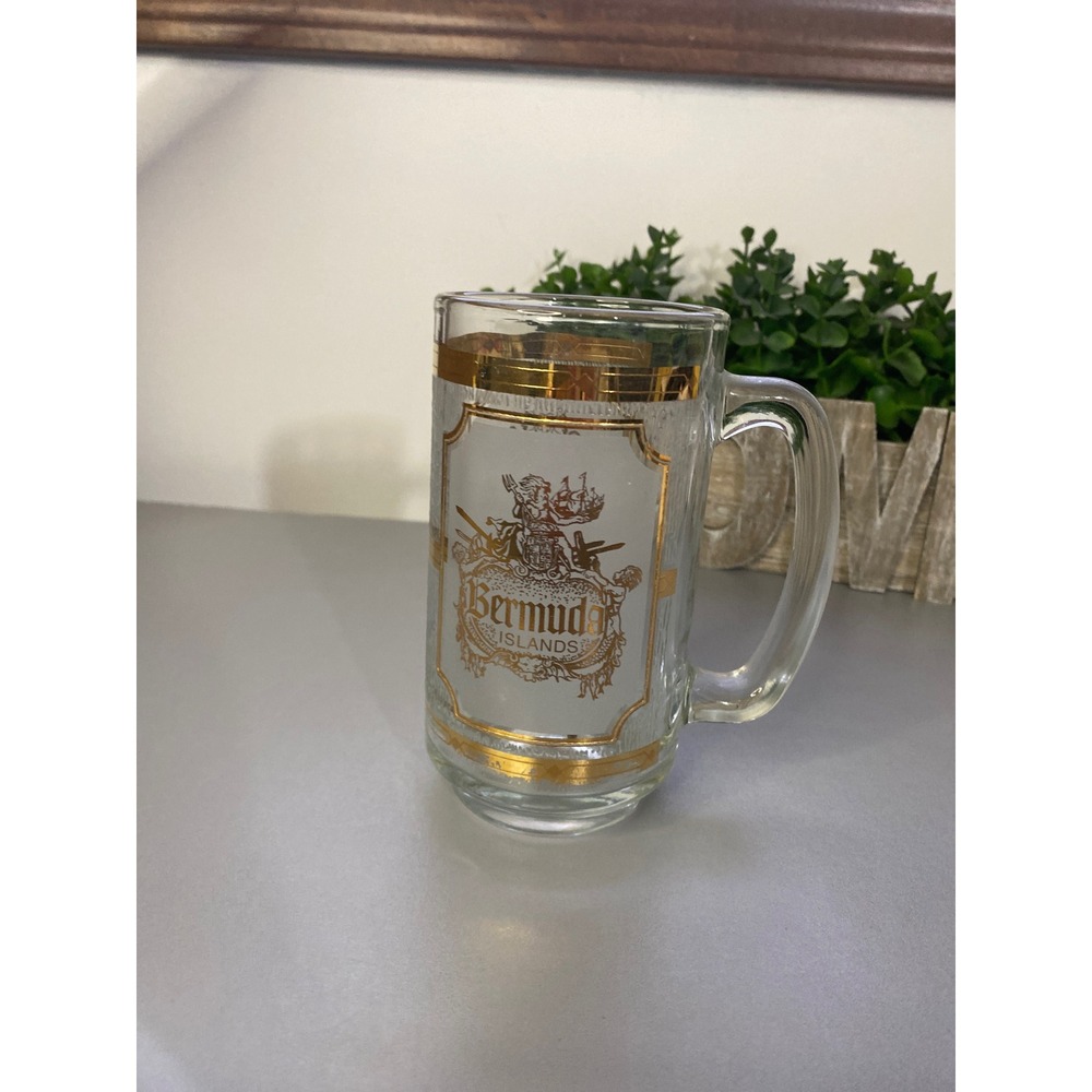 Vintage Bermuda Islands Frosted Glass Beer Mug Gold Trim Collectible Souvenir‎